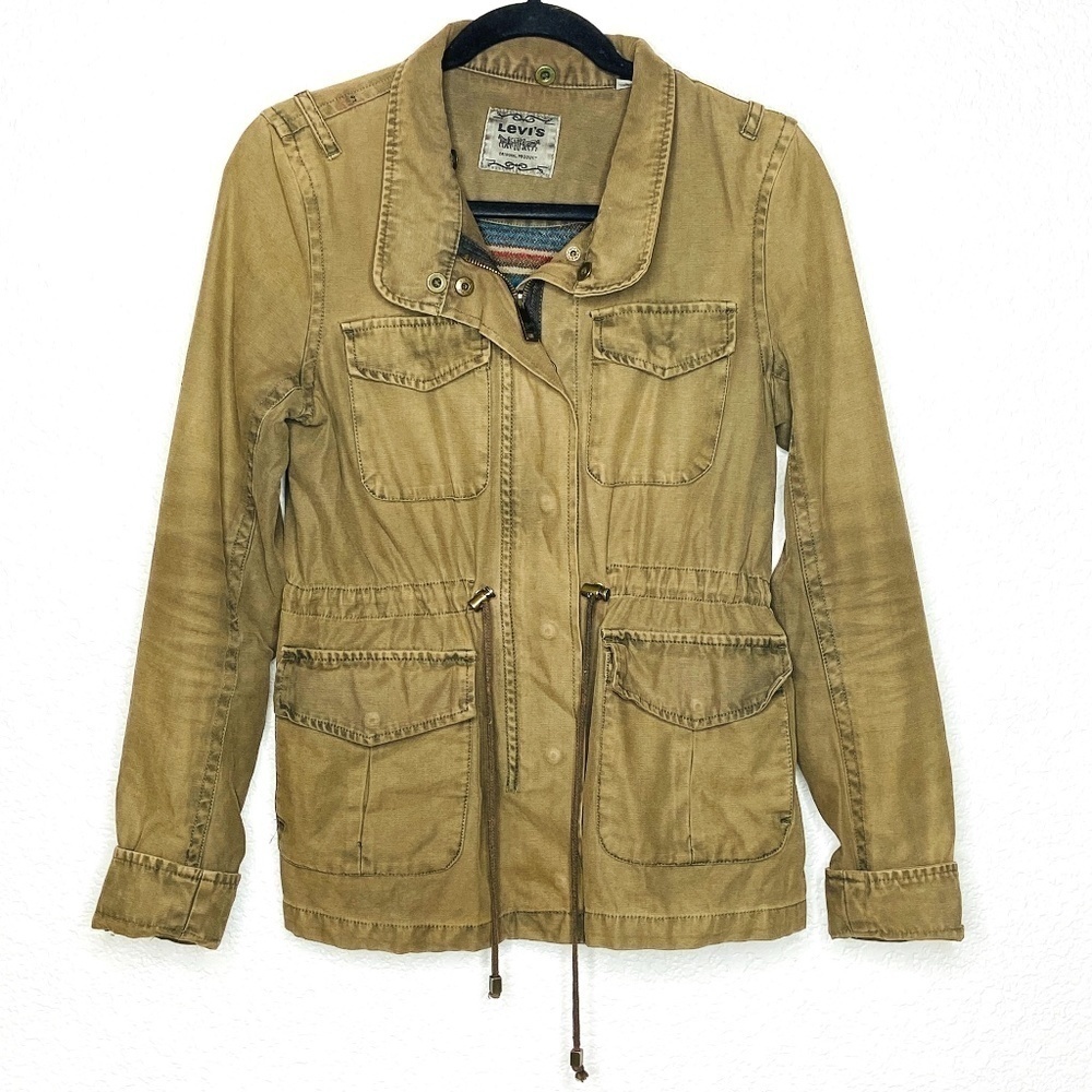 LEVI'S Olive Green Army Utility Jacket Full Zip Button Up Waist Cinch Size Small